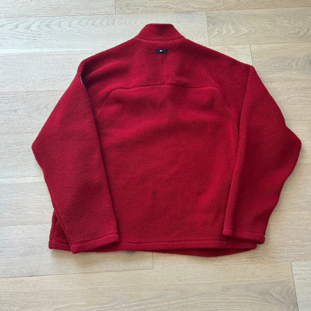 Tommy Jeans Mens XXL Red Quarter Zip Sherpa Fleece Pullover Elbow Patches 0677 - Picture 2 of 9
